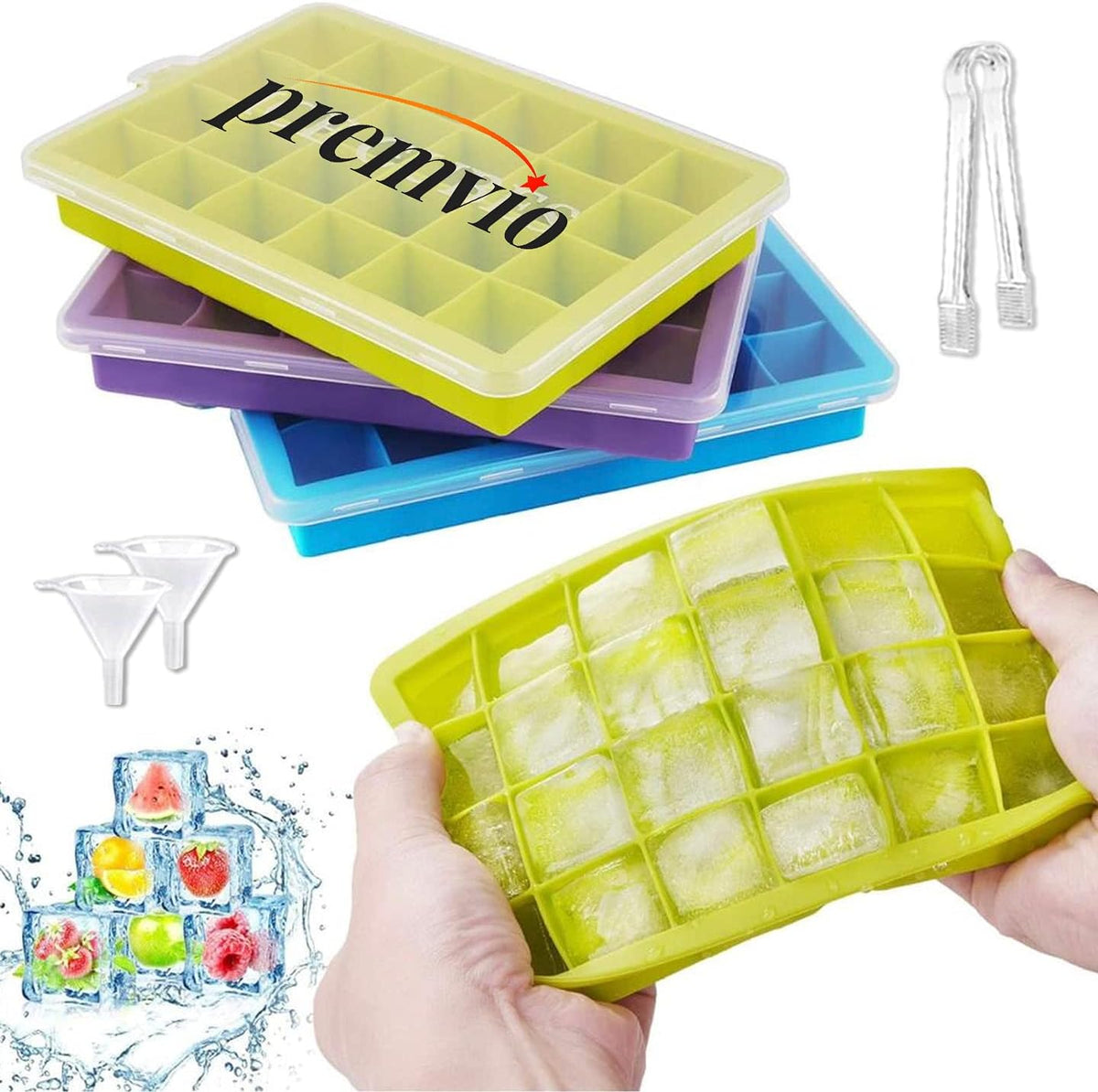 Premvio Ice Cube Trays 3 Pack with Funnel and Tong